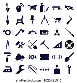 Tool icons. set of 36 editable filled tool icons such as wheel barrow, triangle ruler, window squeegee, sponge, shovel, vice clamp, hook with cargo, compass, trowel