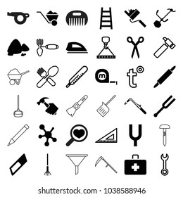 Tool icons. set of 36 editable filled and outline tool icons such as barber scissors, blowtorch, eraser, ladder, gardening tool, tonometer, dough pin, thermometer, wrench