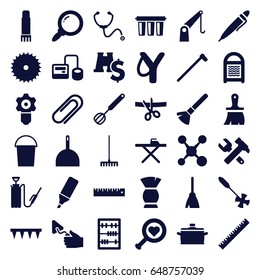 Tool icons set. set of 36 tool filled icons such as ruler, shaving brush, brush, broom, dustpan, bucket, ironing table, sponge, blade saw 