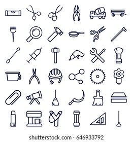 Tool icons set. set of 36 tool outline icons such as barrow, triangle ruler, level ruler, helmet, barber brush, barber scissors, shaving brush, manicure scissors, cotton buds