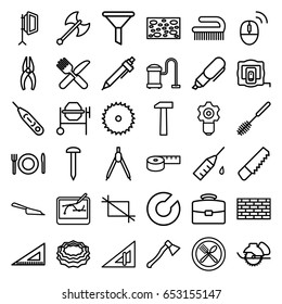Tool icons set. set of 36 tool outline icons such as triangle ruler, measure tape, dustpan, sponge, toilet brush, vacuum cleaner, clean brush, pen, saw, blade saw, nail
