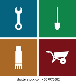 tool icons set. Set of 4 tool filled icons such as wheel barrow, wrench, shovel