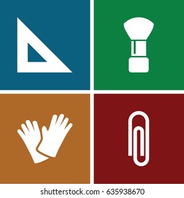 Tool icons set. set of 4 tool filled icons such as shaving brush, gloves, ruler