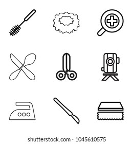 Tool icons. set of 9 editable outline tool icons such as sponge, toilet brush, scalpel, zoom in, level equipment, iron, scissors