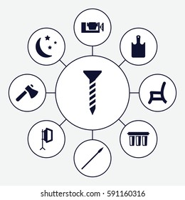 tool icons set. Set of 9 tool filled icons such as screw, axe, vice clamp, outdoor chair, moon and stars, soft box, chopping board, filter