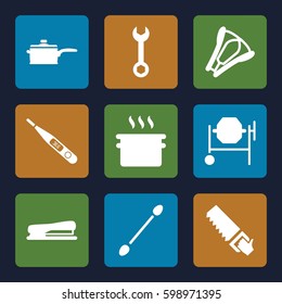 tool icons set. Set of 9 tool filled icons such as cotton buds, wrench, concrete mixer, saw, thermometer, stapler 