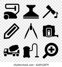 Tool icons set. set of 9 tool filled icons such as pencil, measure tape, hammer, vacuum cleaner, window squeegee, concrete mixer, zoom in