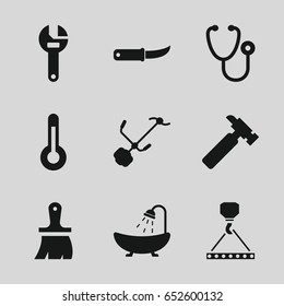 Tool icons set. set of 9 tool filled icons such as shower, brush, wrench, hummer, hook with cargo, gardening knife, gardening tool, stethoscope