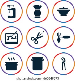 Tool icons set. set of 9 tool filled icons such as brush, pliers, vice clamp, scissors