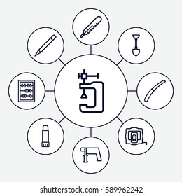 tool icons set. Set of 9 tool outline icons such as measure tape, thermometer, shovel, nail gun, vice clamp, pen, gardening knife, abacus