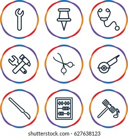 Tool icons set. set of 9 tool outline icons such as hammer, hummer and wrench, electric saw, scalpel, medical scissors, stethoscope, pin, abacus