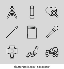 Tool icons set. set of 9 tool outline icons such as compass, nail sawing, concrete mixer, heart search, ink pen, glue pen, soft box, memory card