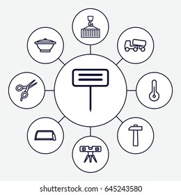 Tool icons set. set of 9 tool outline icons such as barber scissors, concrete mixer, hacksaw, level ruler, gardening tool, cargo on hook, pan, temperature