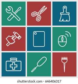 Tool icons set. set of 9 tool outline icons such as barber brush, dust brush, brush, hummer, wrench and screwdriver, first aid kit, chopping board and knife, computer mouse