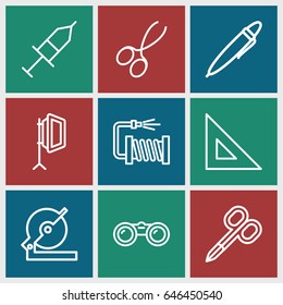 Tool icons set. set of 9 tool outline icons such as manicure scissors, circular saw, water hose, injection, pen, soft box, binoculars