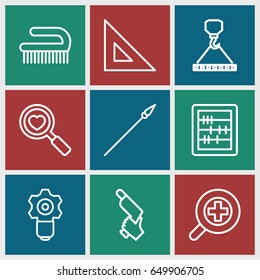 Tool icons set. set of 9 tool outline icons such as clean brush, abacus, hook with cargo, nail gun, heart search, zoom in, spear, ruler