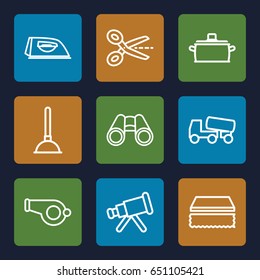 Tool icons set. set of 9 tool outline icons such as plunger, sponge, iron, concrete mixer, binoculars, pan, scissors, telescope