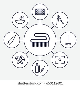 Tool icons set. set of 9 tool outline icons such as tweezers, shower, clean brush, hummer and wrench, rake, harden hose, center focus, brick wall