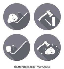 Tool icons set. Axe, hache, pinchbar instrument. Working, unskilled, toil, unable, useless method symbol. White sign on round button with long shadow. Vector