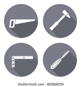 Tool icons set. Axe, hammer, zigzag folding rule, pliers. Repair, measuring instrument, fix carpenters work symbol. Round circle flat icon with long shadow. Vector