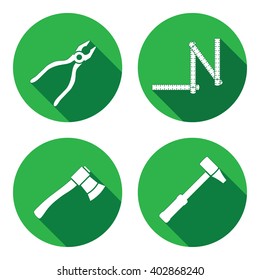 Tool icons set. Axe, hammer, zigzag folding rule, pliers. Repair, measuring instrument, fix carpenters work symbol. Round circle flat icon with long shadow. Vector