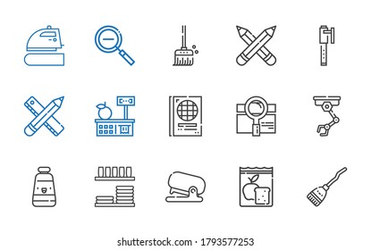 tool icons set. Collection of tool with broom, meal, stapler, dinnerware, oil paint, industrial robot, search, passport, tools and utensils. Editable and scalable tool icons.