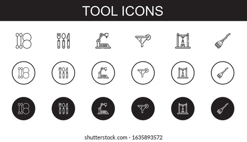 tool icons set. Collection of tool with cotton swab, cutlery, industrial robot, filter, broom. Editable and scalable tool icons.