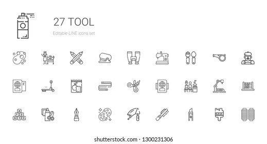 tool icons set. Collection of tool with cutter, pet brush, trowel, sponge, pen, handcraft, bricks, mixed, passport, scissors, measuring tape. Editable and scalable tool icons.