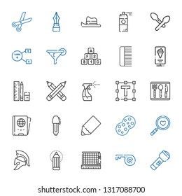 tool icons set. Collection of tool with flashlight, key, cutting, pencil, helmet, magnifying glass, sponge, pen, passport, cutlery, text formatting. Editable and scalable tool icons.