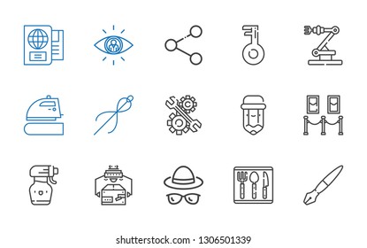 tool icons set. Collection of tool with fountain pen, cutlery, hat, industrial robot, spray bottle, painting, pencil, development, sewing, iron. Editable and scalable tool icons.