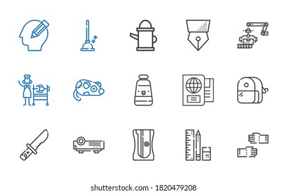 tool icons set. Collection of tool with glove, school material, sharpener, projector, knife, passport, oil paint, mouse, rotisserie, industrial robot. Editable and scalable tool icons.