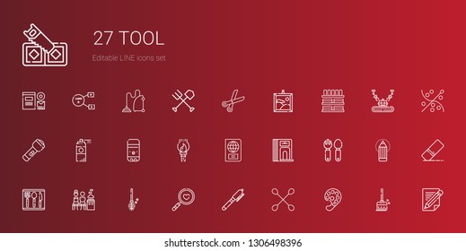 tool icons set. Collection of tool with paint palette, cotton swab, pen, magnifying glass, toilet brush, mixed, cutlery, divider, passport, paint brush. Editable and scalable tool icons.