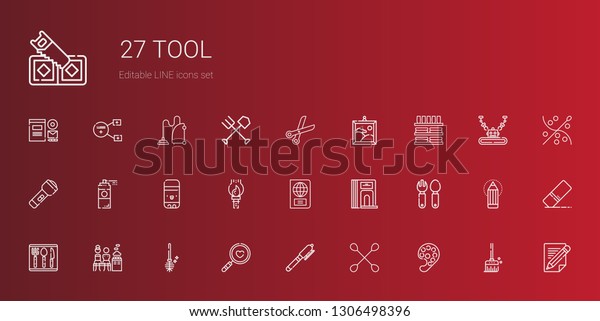 tool icons\
set. Collection of tool with paint palette, cotton swab, pen,\
magnifying glass, toilet brush, mixed, cutlery, divider, passport,\
paint brush. Editable and scalable tool\
icons.