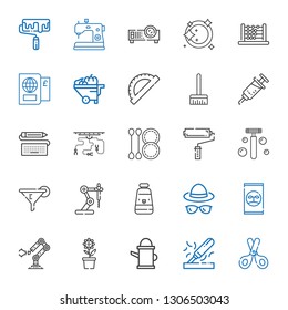 tool icons set. Collection of tool with scissors, wood, watering can, pot, industrial robot, fertilizer, hat, oil paint, filter, razor, paint roller. Editable and scalable tool icons.