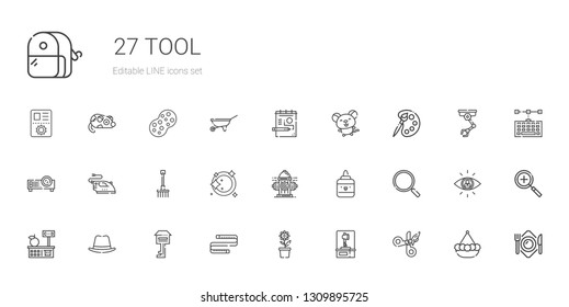 tool icons set. Collection of tool with scissors, axe, pot, measuring tape, key, hat, tools and utensils, loupe, glue, hydrant, plate, rake. Editable and scalable tool icons.