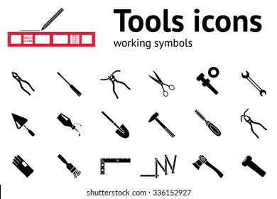 Tool icons set. Glue, pliers, tongs, wrench key, hammer, trowel, clinometer, axe, angle, spade, gloves, screw bolt, nut, scissors. Repair fix symbol. Round black circle signs with long shadow. Vector