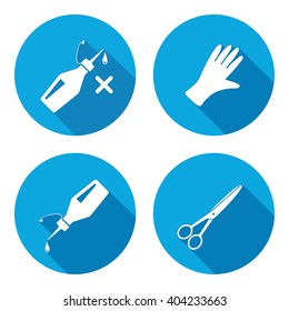 Tool icons set. Glue, rubber gloves, sclissors. Repair, fix, cut, protection symbol. White sign on round button with long shadow. Vector isolated