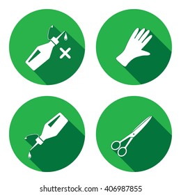 Tool icons set. Glue, rubber gloves, scissors. Repair, fix, cut, protection symbol. White sign on round button with long shadow. Vector isolated