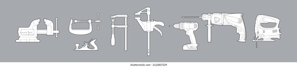 tool icons set. power tool - vector illustration. concept - repair. metalwork and carpentry tools. drill, vise and jigsaw