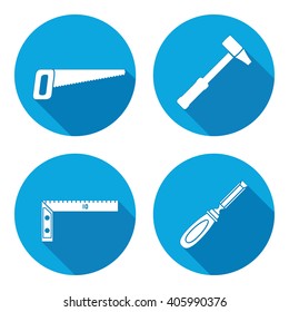 Tool icons set. Saw, hammer, chisel, angle. Repair, measuring instrument, fix carpenters work symbol. Round circle flat icon with long shadow. Vector