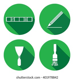 Tool icons set. Spattle, brush, surfacer, plastering instrument. Painting device. Work, job, labour, toil, repair, building symbol. White sign on round button with long shadow. Vector isolated