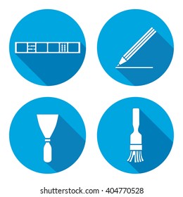 Tool icons set. Spattle, brush, surfacer, clinometer instrument. Painting device. Work, job, labour, toil, repair, building symbol. White sign on round button with long shadow. Vector isolated