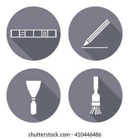 Tool icons set. Spattle, brush, surfacer, plastering instrument. Painting device. Work, job, labour, toil, repair, building symbol. White sign on round button with long shadow. Vector isolated