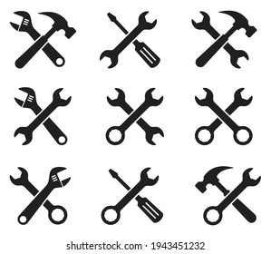 Tool icons set, wrench crosswise hummer symbol, wrench and screwdriver, Hammer, adjustment wrench, settings and repair, service symbol,  Instrument collection vector Illustration.