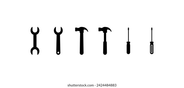 Tool icons. Silhouette, black, set of tools of wrench, hammer, screwdriver. Vector icons