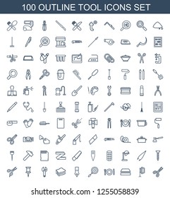 tool icons. Trendy 100 tool icons. Contain icons such as scissors, soft box, sponge, plate fork and spoon, pan, ink pen, wrench, pin, barber scissors. tool icon for web and mobile.