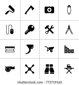 Tool icons. vector collection filled tool icons. includes symbols such as wrench hammer, wheel wrench, funnel, sponge, ironing, binoculars. use for web, mobile and ui design.