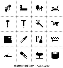 Tool icons. vector collection filled tool icons. includes symbols such as abacus, oil filter, car lift, car jack, screw, garden cleaner. use for web, mobile and ui design.