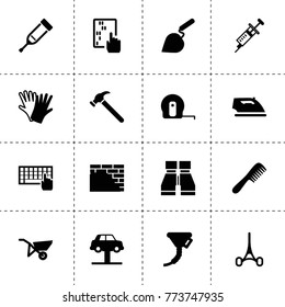 Tool icons. vector collection filled tool icons. includes symbols such as abacus, keyboard, car lift, funnel, gloves, iron, binoculars. use for web, mobile and ui design.