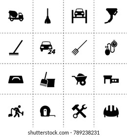Tool icons. vector collection filled tool icons. includes symbols such as pitchfork, wheelbarrow, wrench hammer, car lift, car service. use for web, mobile and ui design.